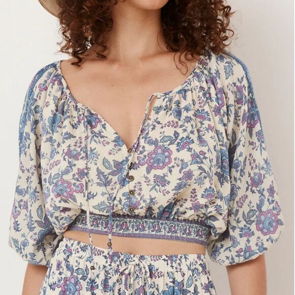 Joie Purple Blue Floral 3/4 Balloon Sleeve Tassel Elastic Cropped Boho Blouse - Picture 1 of 13